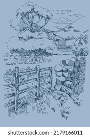 Rural scenery landscape panorama of countryside pastures. Green grass field on small hills. Vector sketch illustration
