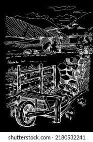 Rural scenery landscape panorama of countryside pastures. Green grass field on small hills. Vector sketch illustration