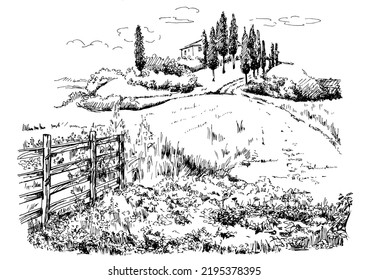 Rural scenery landscape panorama of countryside pastures. Green grass field on small hills. Vector sketch illustration
