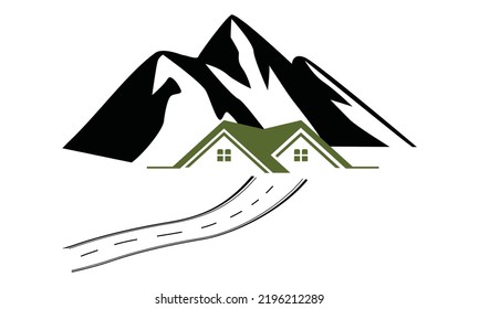 Rural scenery landscape panorama of countryside pastures. Green small house on basement of small hills. Vector sketch illustration