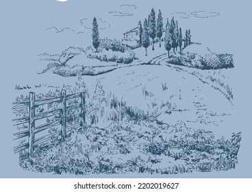 Rural scenery landscape panorama of countryside pastures. Green grass field on small hills.  Vector hand drawn vintage engraved sketch.