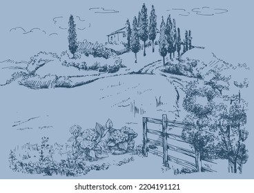 Rural scenery landscape panorama of countryside pastures. Green grass field on small hills.  Vector hand drawn vintage engraved sketch.