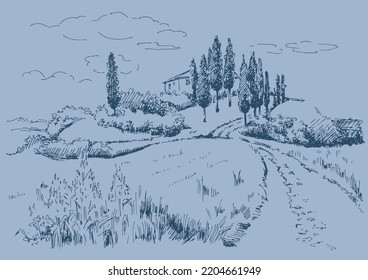 Rural scenery landscape panorama of countryside pastures. Green grass field on small hills.  Vector hand drawn vintage engraved sketch.