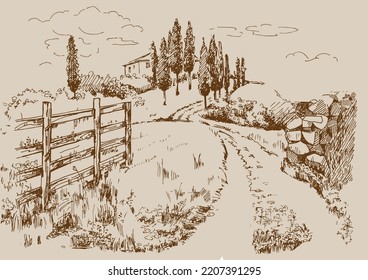 Rural scenery landscape panorama of countryside pastures. Green grass field on small hills. Vector sketch illustration
