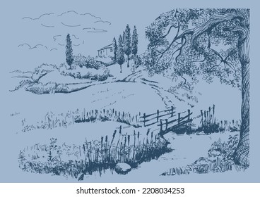 Rural scenery landscape panorama of countryside pastures. Green grass field on small hills. Vector sketch illustration
