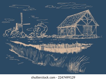 Rural scenery landscape panorama of countryside pastures. Green grass field on small hills. Vector sketch illustration

