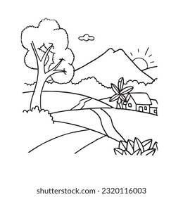 Rural scenery landscape panorama of countryside pastures. Green grass field on small hills. Landscape for children's book illustration (Coloring Book) drawing book and coloring image