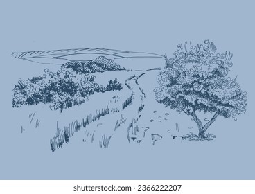 Rural scenery landscape panorama of countryside pastures. Green grass field on small hills. Vector sketch illustration
