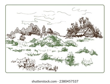 Rural scenery landscape panorama of countryside pastures. Green grass field on small hills. Vector sketch illustration
