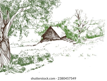 Rural scenery landscape panorama of countryside pastures. Green grass field on small hills. Vector sketch illustration
