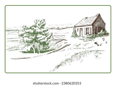 Rural scenery landscape panorama of countryside pastures. Green grass field on small hills. Vector sketch illustration
