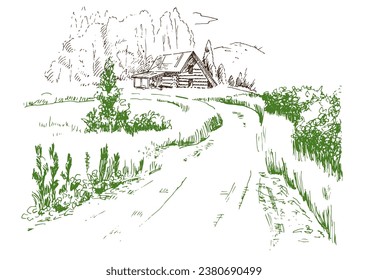 Rural scenery landscape panorama of countryside pastures. Green grass field on small hills. Vector sketch illustration
