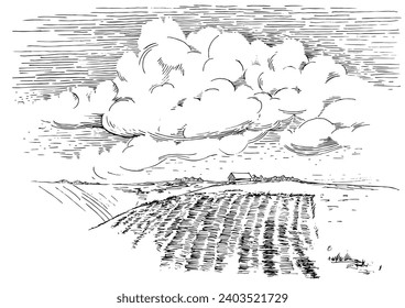 Landschaftliches Panorama auf die Landschaft der Weiden. Grünes Grasfeld auf kleinen Hügeln. Vektorgrafik
