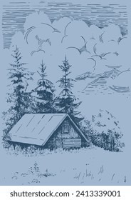 Rural scenery landscape panorama of countryside pastures. Green grass field on small hills. Vector sketch illustration
