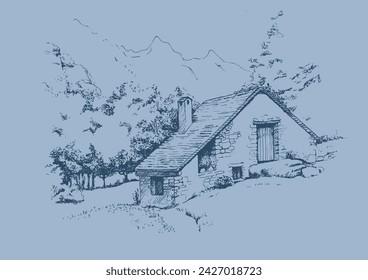 Rural scenery landscape panorama of countryside pastures. Green grass field on small hills. Vector sketch illustration