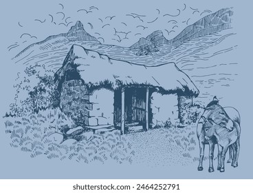 Rural scenery landscape panorama of countryside pastures. Green grass field on small hills. Vector sketch illustration
