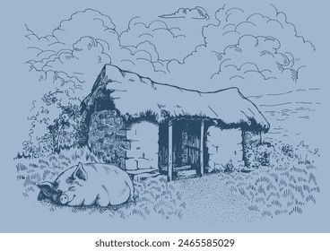 Rural scenery landscape panorama of countryside pastures. Green grass field on small hills. Vector sketch illustration
