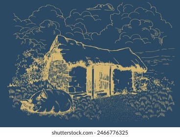 Rural scenery landscape panorama of countryside pastures. Green grass field on small hills. Vector sketch illustration