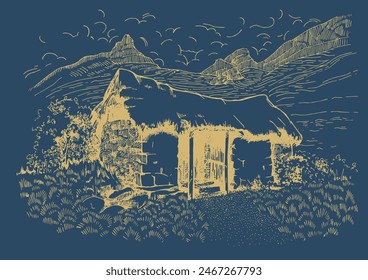 Rural scenery landscape panorama of countryside pastures. Green grass field on small hills. Vector sketch illustration