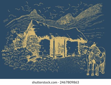 Rural scenery landscape panorama of countryside pastures. Green grass field on small hills. Vector sketch illustration