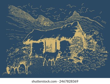 Rural scenery landscape panorama of countryside pastures. Green grass field on small hills. Vector sketch illustration