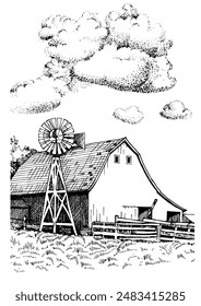 Rural scenery landscape panorama of countryside pastures and farm. Vector sketch illustration