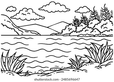 Rural scenery landscape panorama of countryside pastures. Green grass field on small hills. Vector sketch illustration