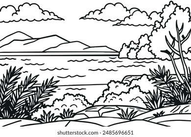 Rural scenery landscape panorama of countryside pastures. Green grass field on small hills. Vector sketch illustration