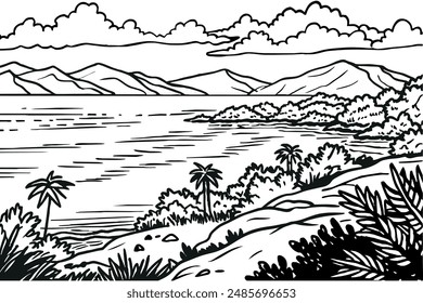 Rural scenery landscape panorama of countryside pastures. Green grass field on small hills. Vector sketch illustration