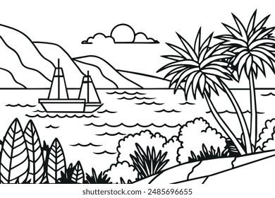 Rural scenery landscape panorama of countryside pastures. Green grass field on small hills. Vector sketch illustration