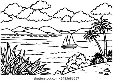Rural scenery landscape panorama of countryside pastures. Green grass field on small hills. Vector sketch illustration