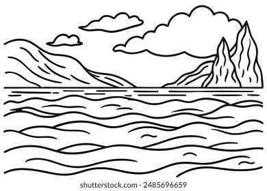 Rural scenery landscape panorama of countryside pastures. Green grass field on small hills. Vector sketch illustration