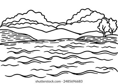 Rural scenery landscape panorama of countryside pastures. Green grass field on small hills. Vector sketch illustration