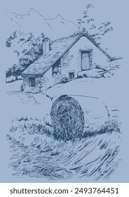 Rural scenery landscape panorama of countryside pastures. Collecting hay in the field. Vector sketch illustration
