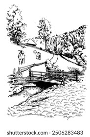 Rural scenery landscape panorama of countryside pastures. Green grass field on small hills. Vector sketch illustration