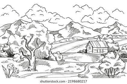 Rural scenery landscape. Sketch with beautiful village panorama, meadow, field, village house, trees, grass and mountains. Design element for coloring book. Cartoon simple linear vector illustration