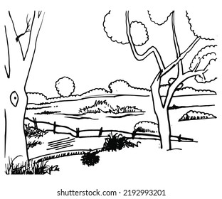 Rural Scenery Landscape Vector Sketch Illustration Stock Vector ...