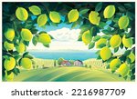 Rural scenery, with lemon tree branches in the foreground, and a village in the background. Vector illustration.