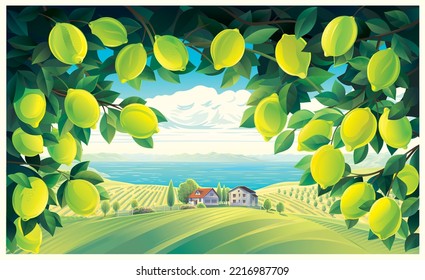 Rural scenery, with lemon tree branches in the foreground, and a village in the background. Vector illustration.