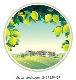 
Rural scenery, with lemon tree branches in the foreground, with  village in the background enclosed in a round frame. Vector illustration.