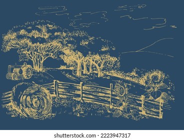 Rural scenery. Meadow, alkali, lye, grassland, pommel, lea, pasturage, farm. Rural scenery landscape panorama of countryside pastures. Vector sketch illustration