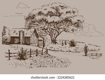 Rural scenery. Meadow, alkali, lye, grassland, pommel, lea, pasturage, farm. Rural scenery landscape panorama of countryside pastures. Vector sketch illustration