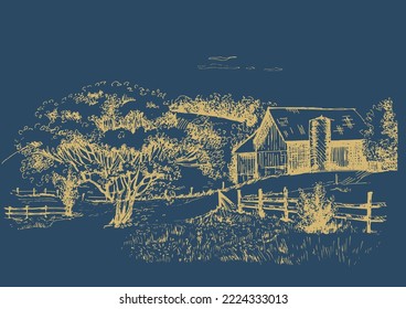 Rural scenery. Meadow, alkali, lye, grassland, pommel, lea, pasturage, farm. Rural scenery landscape panorama of countryside pastures. Vector sketch illustration