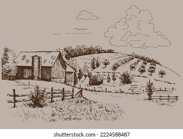 Rural scenery. Meadow, alkali, lye, grassland, pommel, lea, pasturage, farm. Rural scenery landscape panorama of countryside pastures. Vector sketch illustration