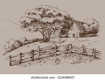 Rural scenery. Meadow, alkali, lye, grassland, pommel, lea, pasturage, farm. Rural scenery landscape panorama of countryside pastures. Vector sketch illustration