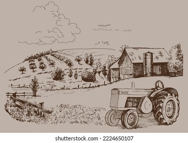 Rural scenery. Meadow, alkali, lye, grassland, pommel, lea, pasturage, farm. Rural scenery landscape panorama of countryside pastures. Vector sketch illustration