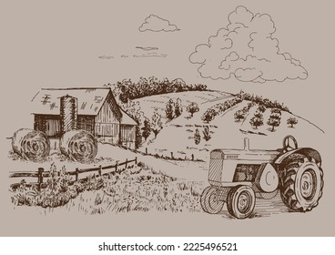 Rural scenery. Meadow, alkali, lye, grassland, pommel, lea, pasturage, farm. Rural scenery landscape panorama of countryside pastures. Vector sketch illustration
