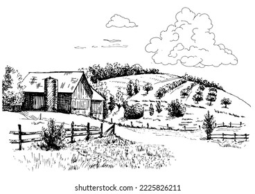 Rural scenery. Meadow, alkali, lye, grassland, pommel, lea, pasturage, farm. Rural scenery landscape panorama of countryside pastures. Vector sketch illustration
