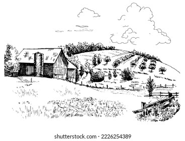 Rural scenery. Meadow, alkali, lye, grassland, pommel, lea, pasturage, farm. Rural scenery landscape panorama of countryside pastures. Vector sketch illustration
