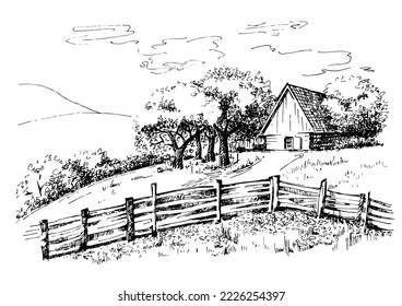 Rural scenery. Meadow, alkali, lye, grassland, pommel, lea, pasturage, farm. Rural scenery landscape panorama of countryside pastures. Vector sketch illustration
